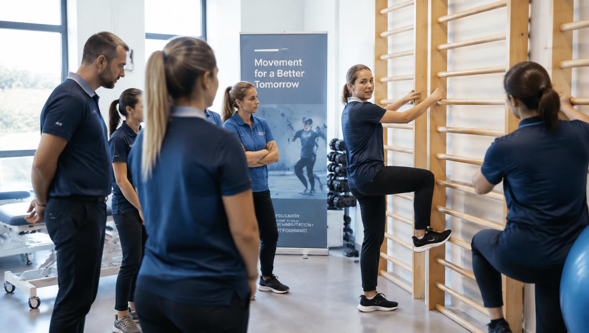 Illustrative physiotherapy training at wall ladders